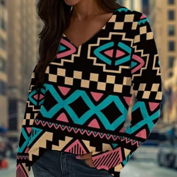 Geometric Aztec Print long sleeve Top - NEW - Picture 1 of 7